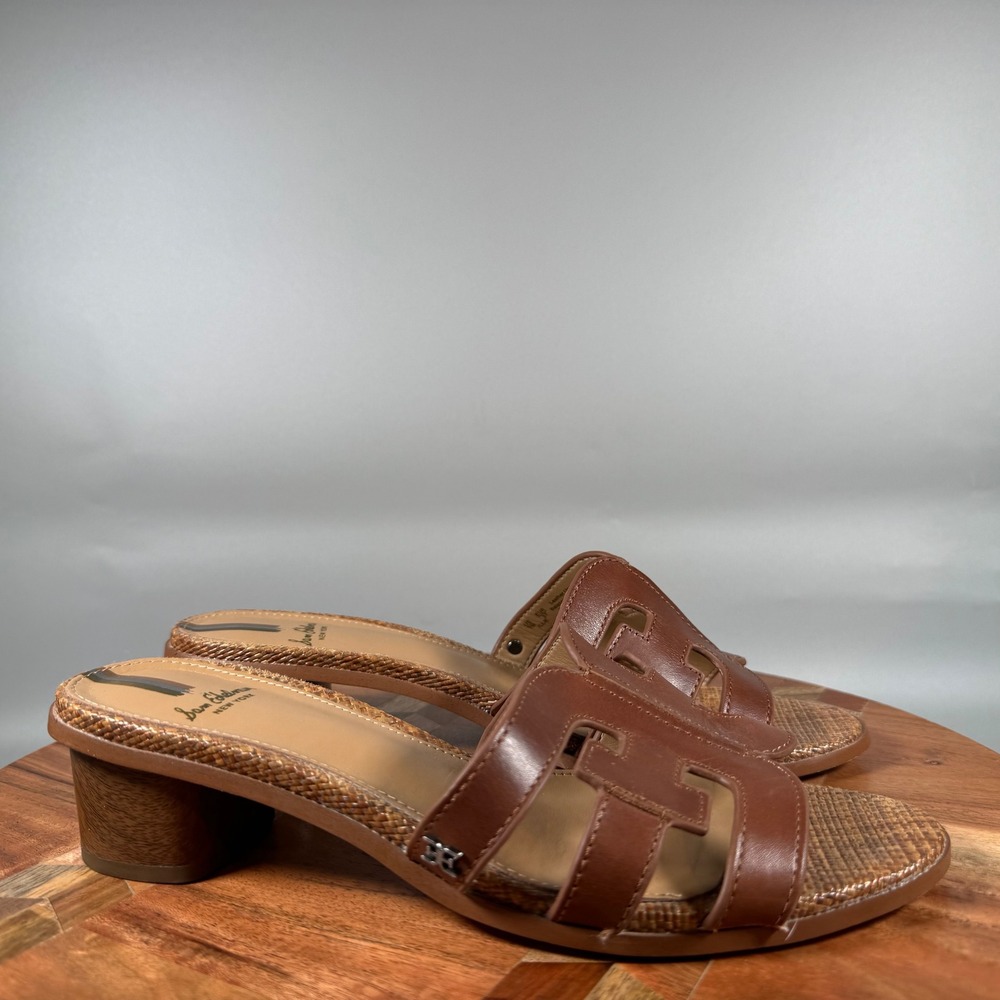 Sam Edelman Illie Brown Leather Block Heel Slide Sandals Womens Size 7M EUR 37